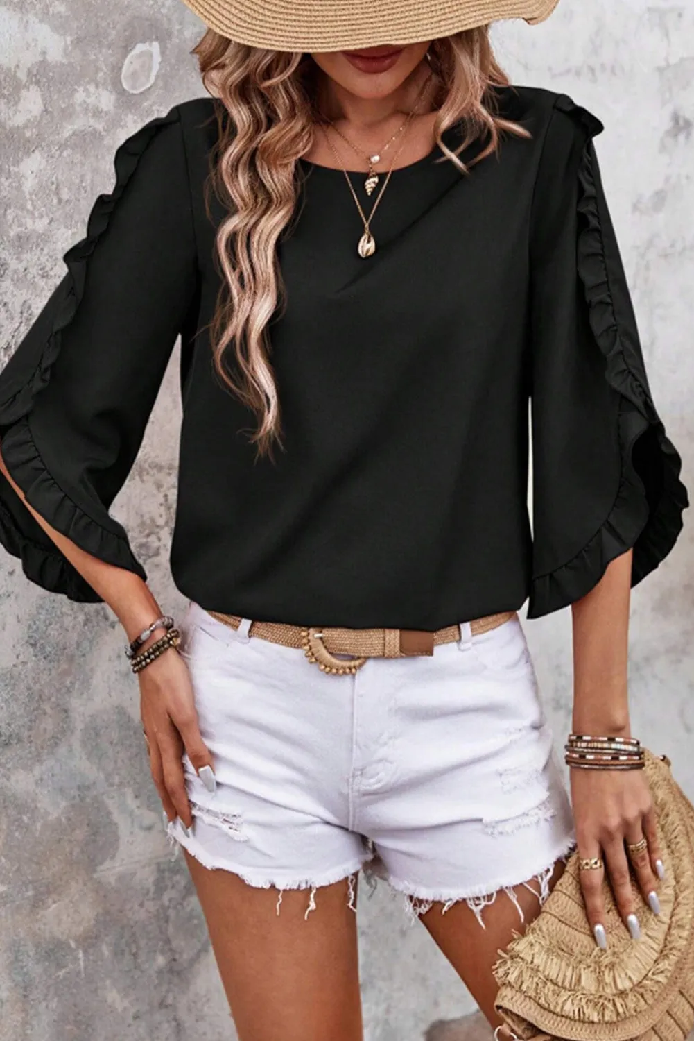 Ruffle Trimmed 3/4 Sleeve Round Neck Blouse sold by Beagle Boutique product image thumbnail 4