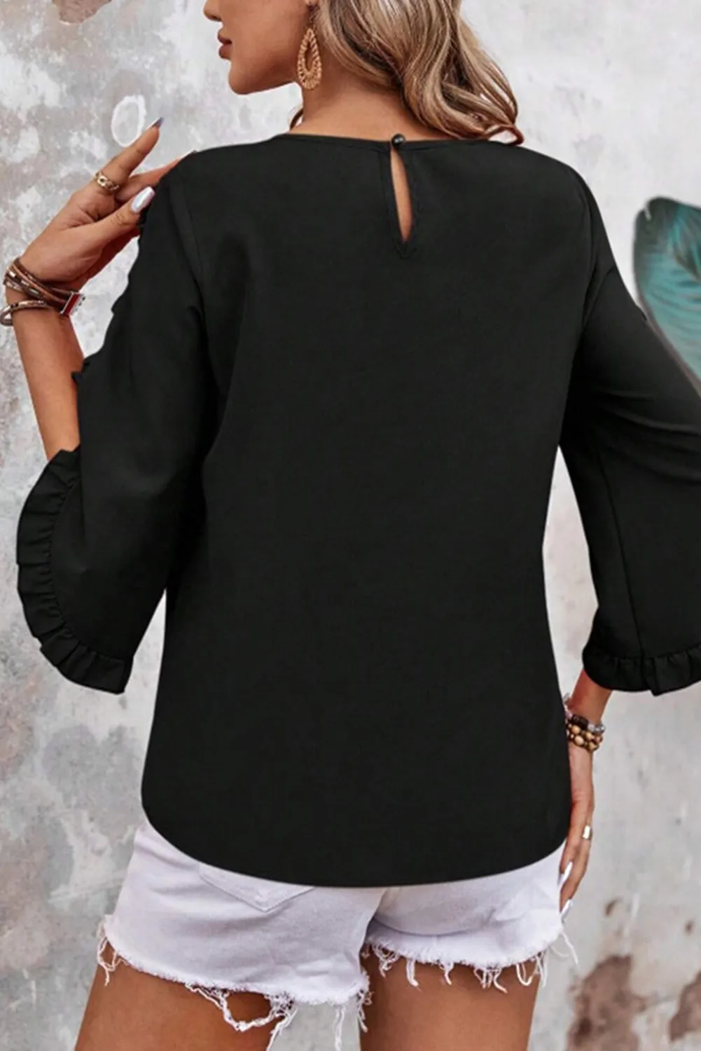 Ruffle Trimmed 3/4 Sleeve Round Neck Blouse sold by Beagle Boutique product image thumbnail 2