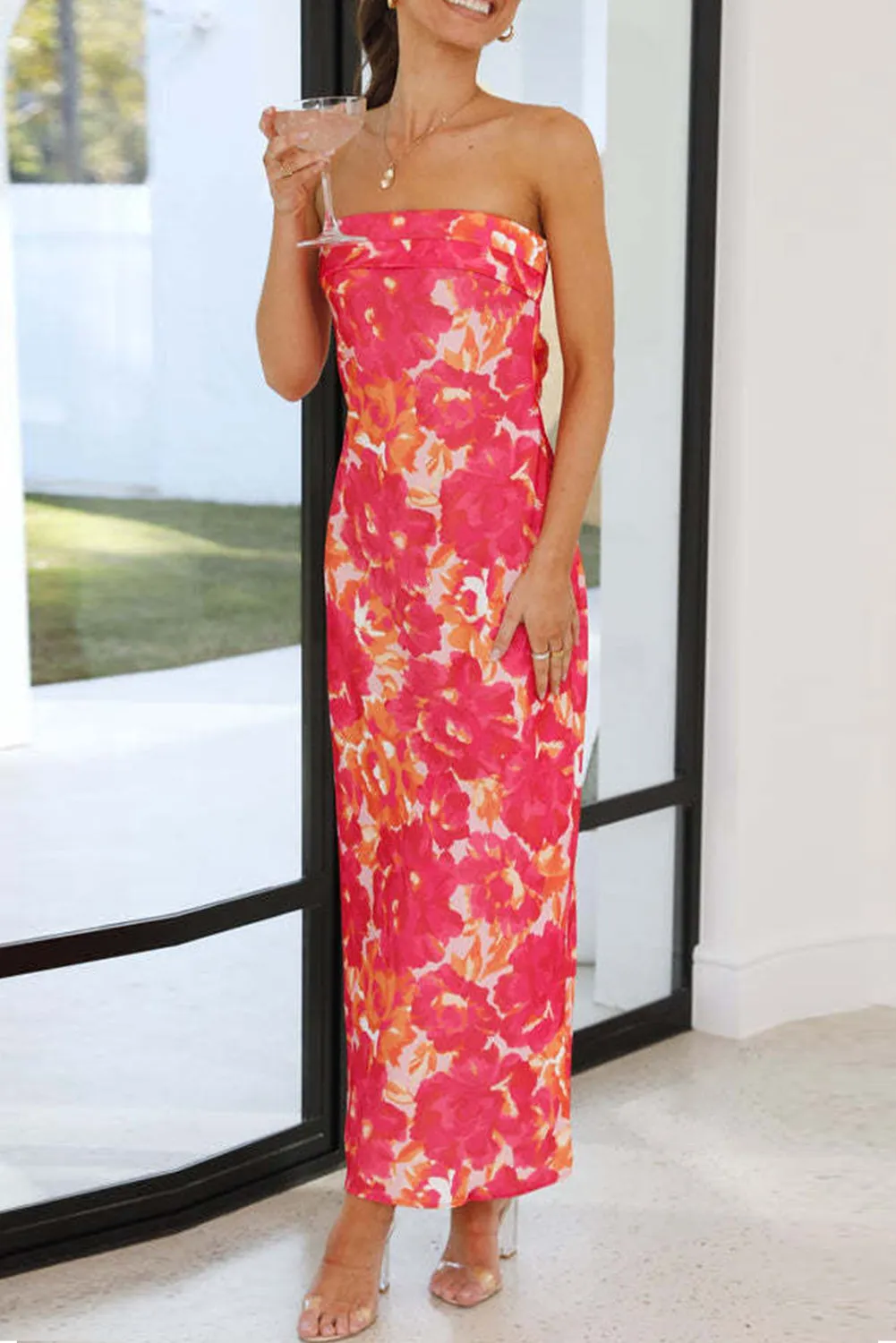Orange Floral Print Backless Slim Fit Tube Maxi Dress sold by Beagle Boutique