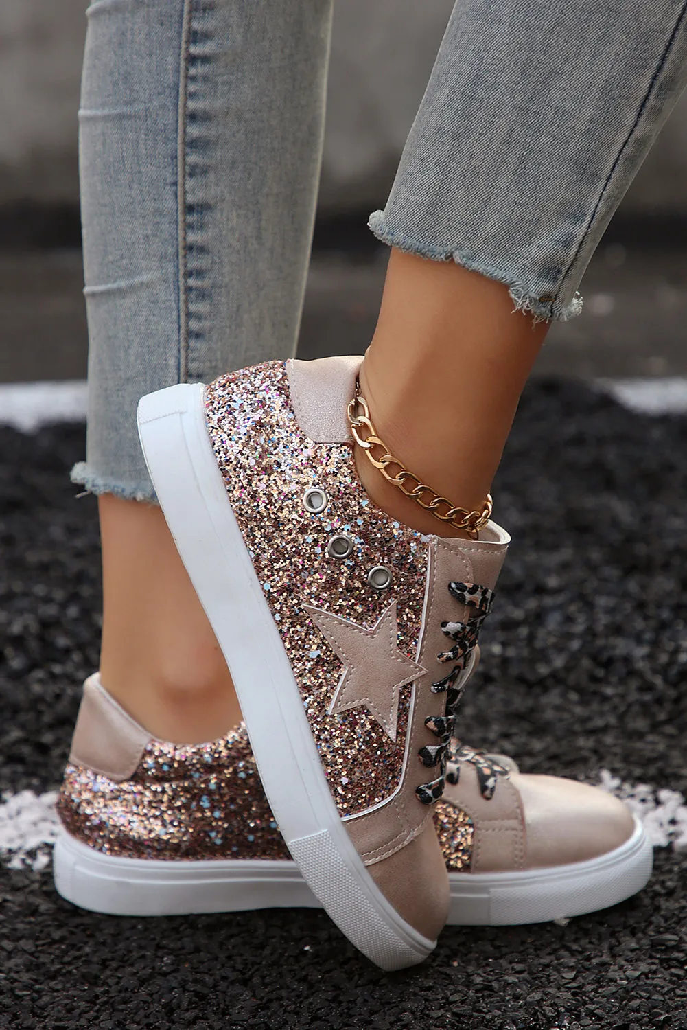 Gold Star Sequin Patchwork Leopard Lace-up Trainers sold by Beagle Boutique