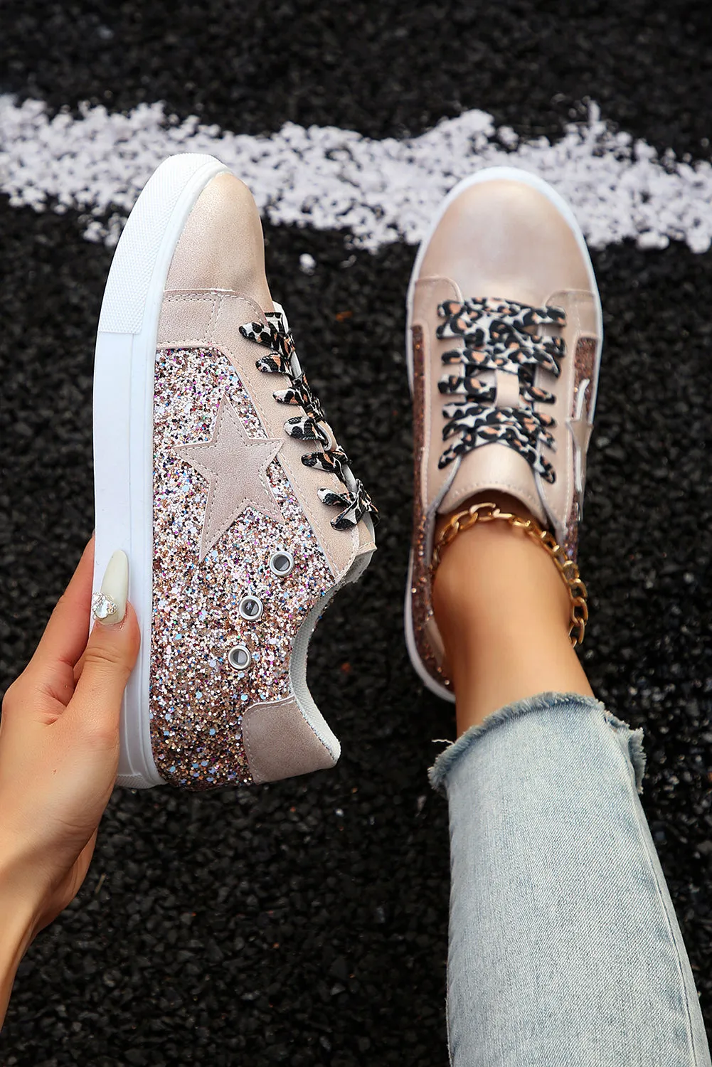 Gold Star Sequin Patchwork Leopard Lace-up Trainers sold by Beagle Boutique product image thumbnail 2