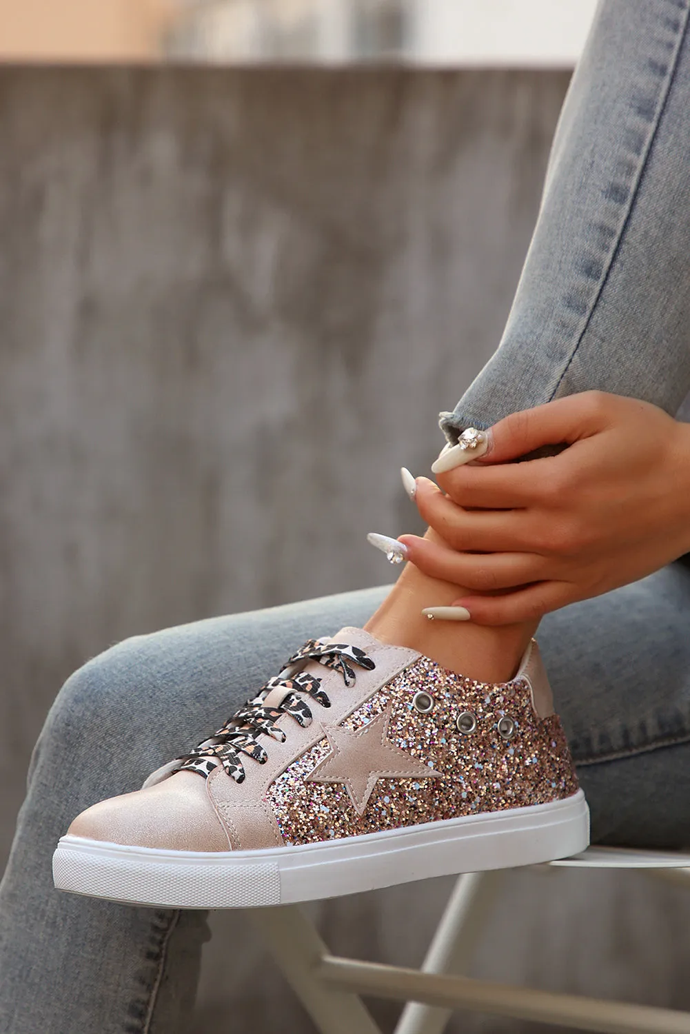 Gold Star Sequin Patchwork Leopard Lace-up Trainers sold by Beagle Boutique product image thumbnail 5