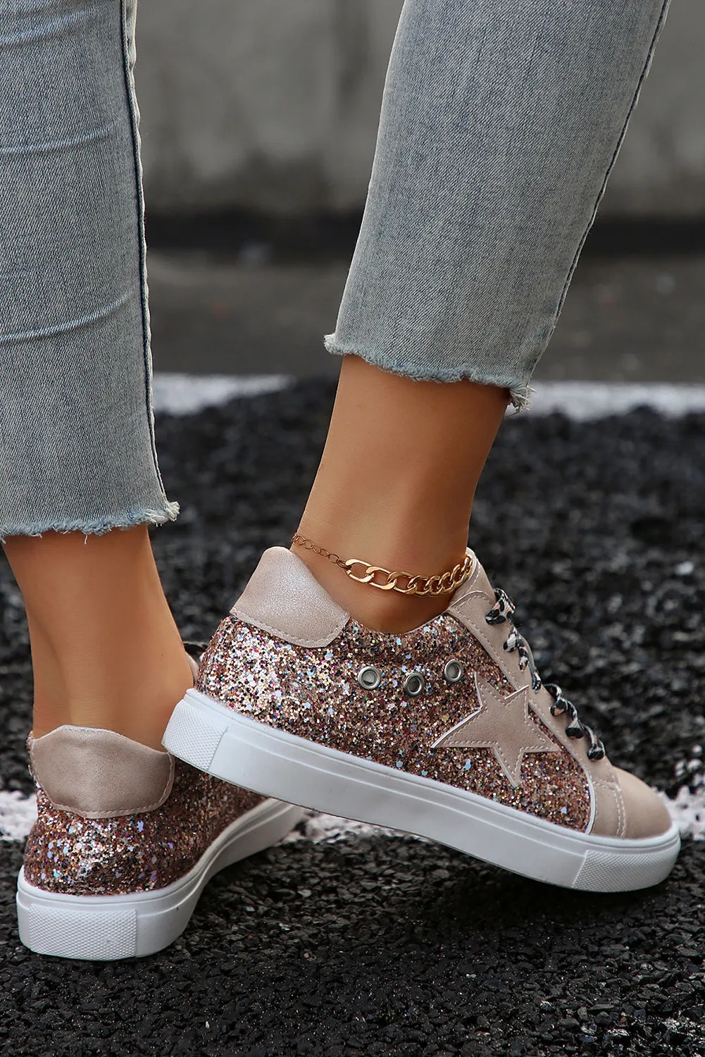Gold Star Sequin Patchwork Leopard Lace-up Trainers sold by Beagle Boutique product image thumbnail 4