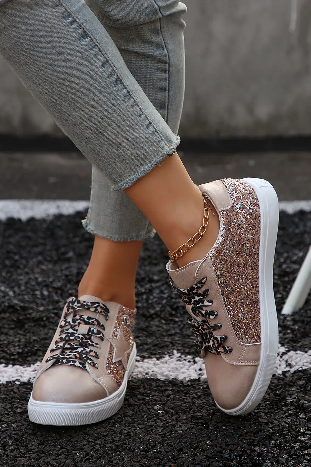 Gold Star Sequin Patchwork Leopard Lace-up Trainers sold by Beagle Boutique product image thumbnail 3