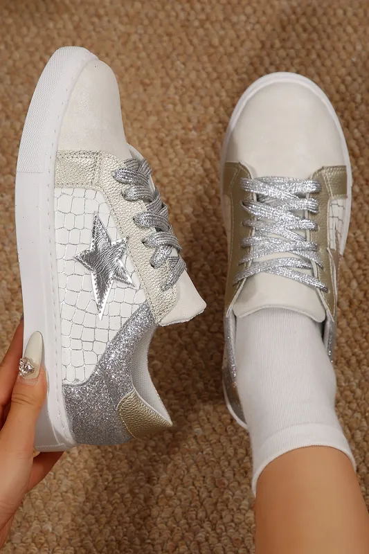 Silvery Glitter Star Patchwork PU Leather Lace-up Trainers sold by Beagle Boutique