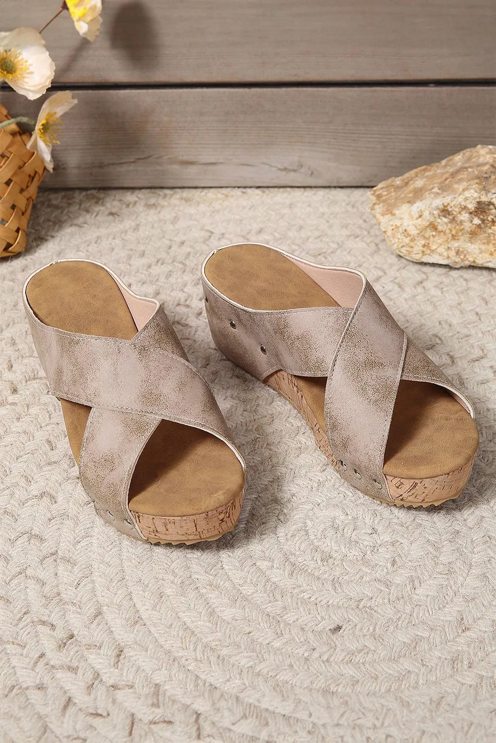 Grey Criss Cross Studded Wedge Sandals sold by Beagle Boutique product image thumbnail 4