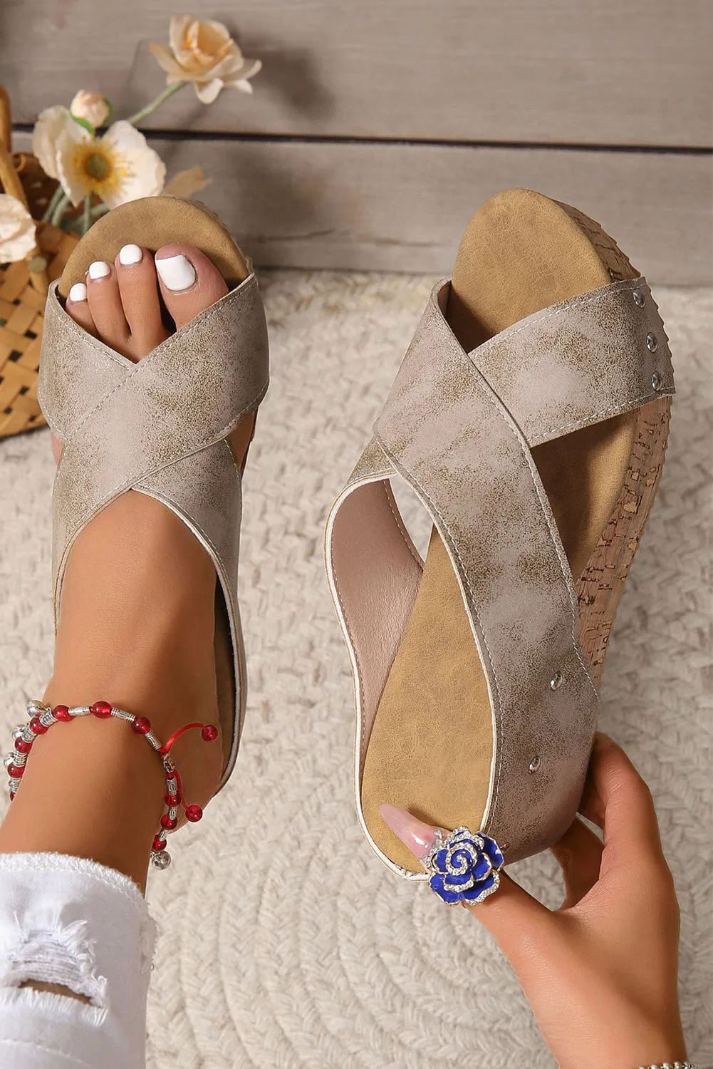 Grey Criss Cross Studded Wedge Sandals sold by Beagle Boutique