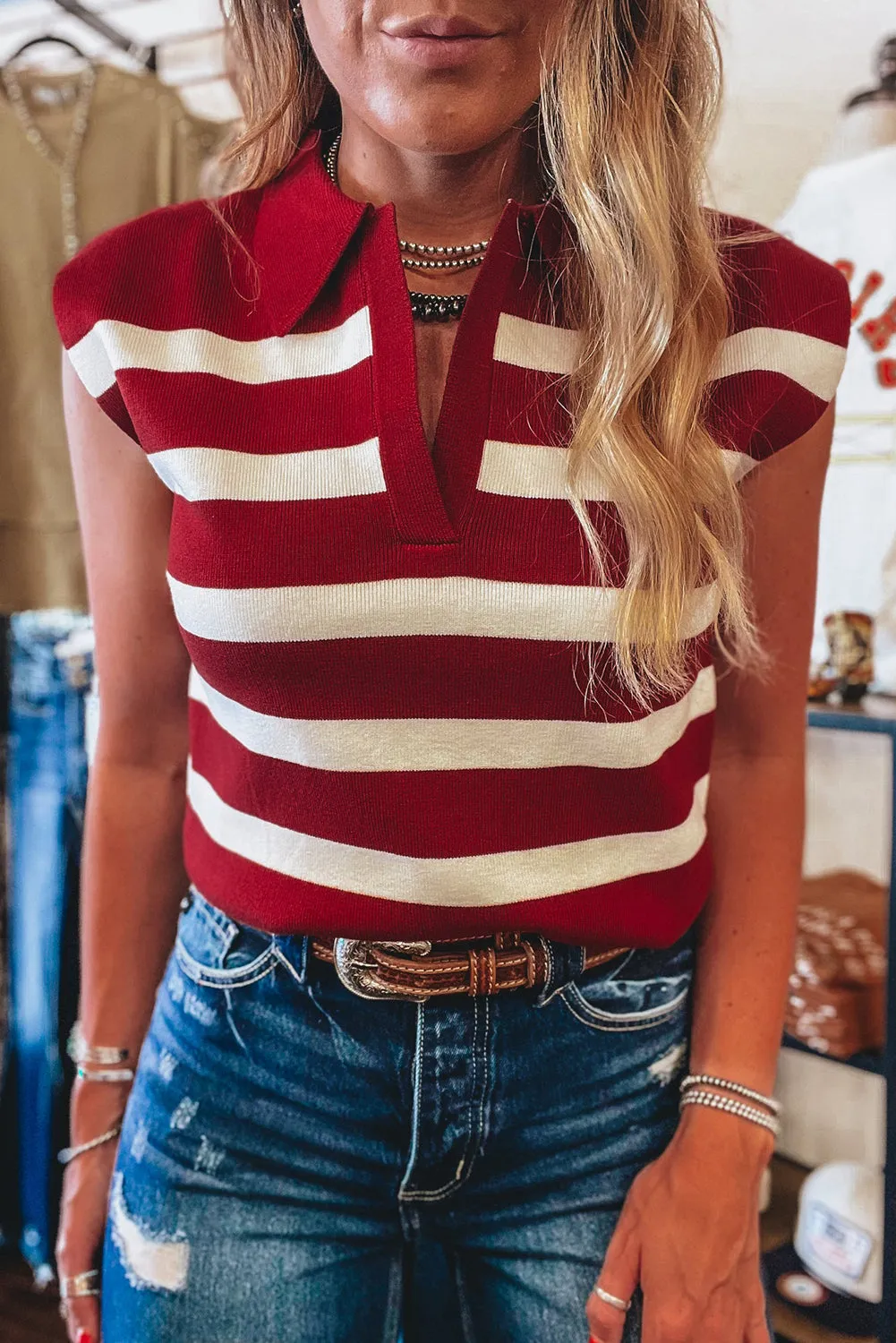 Red Stripe Collared Split Neck Sleeveless Sweater sold by Beagle Boutique