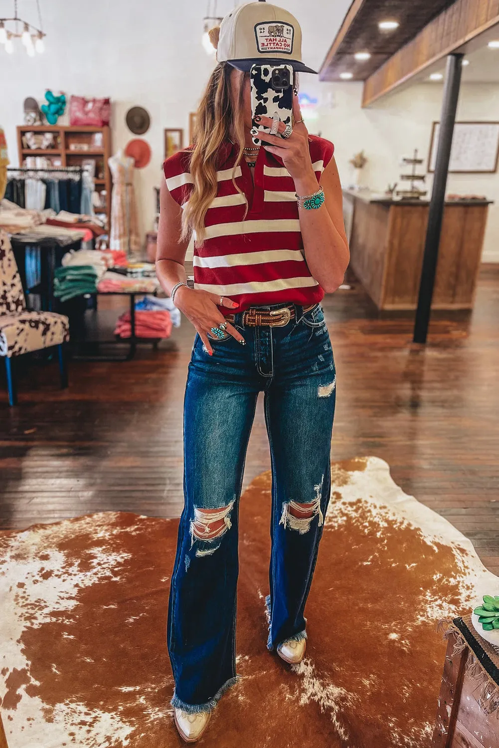 Red Stripe Collared Split Neck Sleeveless Sweater sold by Beagle Boutique product image thumbnail 5