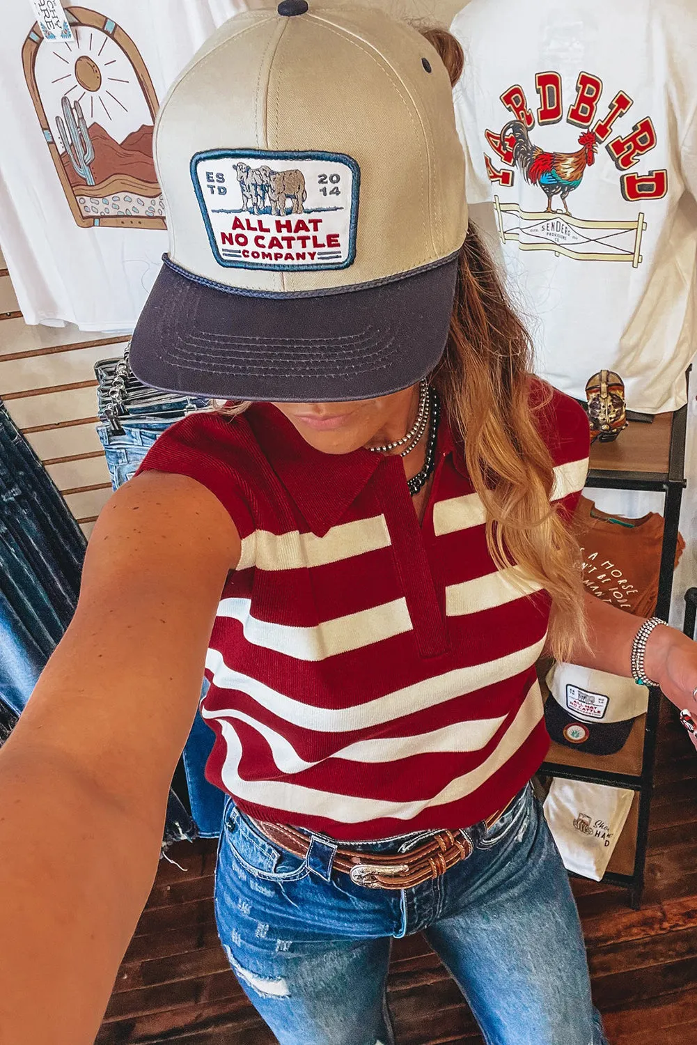 Red Stripe Collared Split Neck Sleeveless Sweater sold by Beagle Boutique product image thumbnail 3