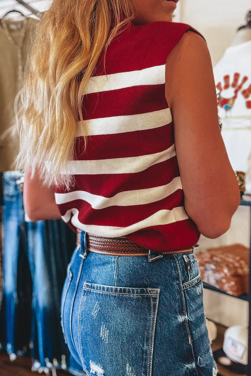 Red Stripe Collared Split Neck Sleeveless Sweater sold by Beagle Boutique product image thumbnail 2