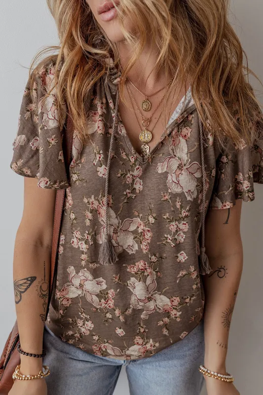 Retro Floral Print Tassel Tie Split Neck Short Sleeve Top sold by Beagle Boutique