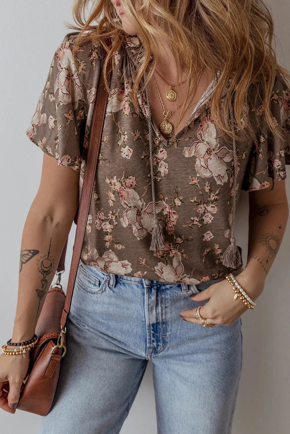 Retro Floral Print Tassel Tie Split Neck Short Sleeve Top sold by Beagle Boutique product image thumbnail 2