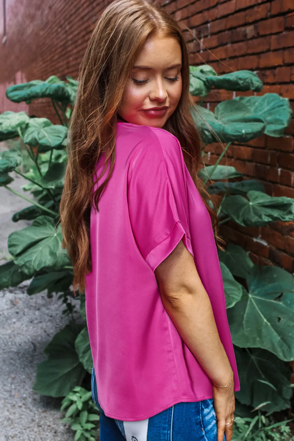 Bright Pink Silky V Neck Dolman Blouse sold by Beagle Boutique product image thumbnail 2