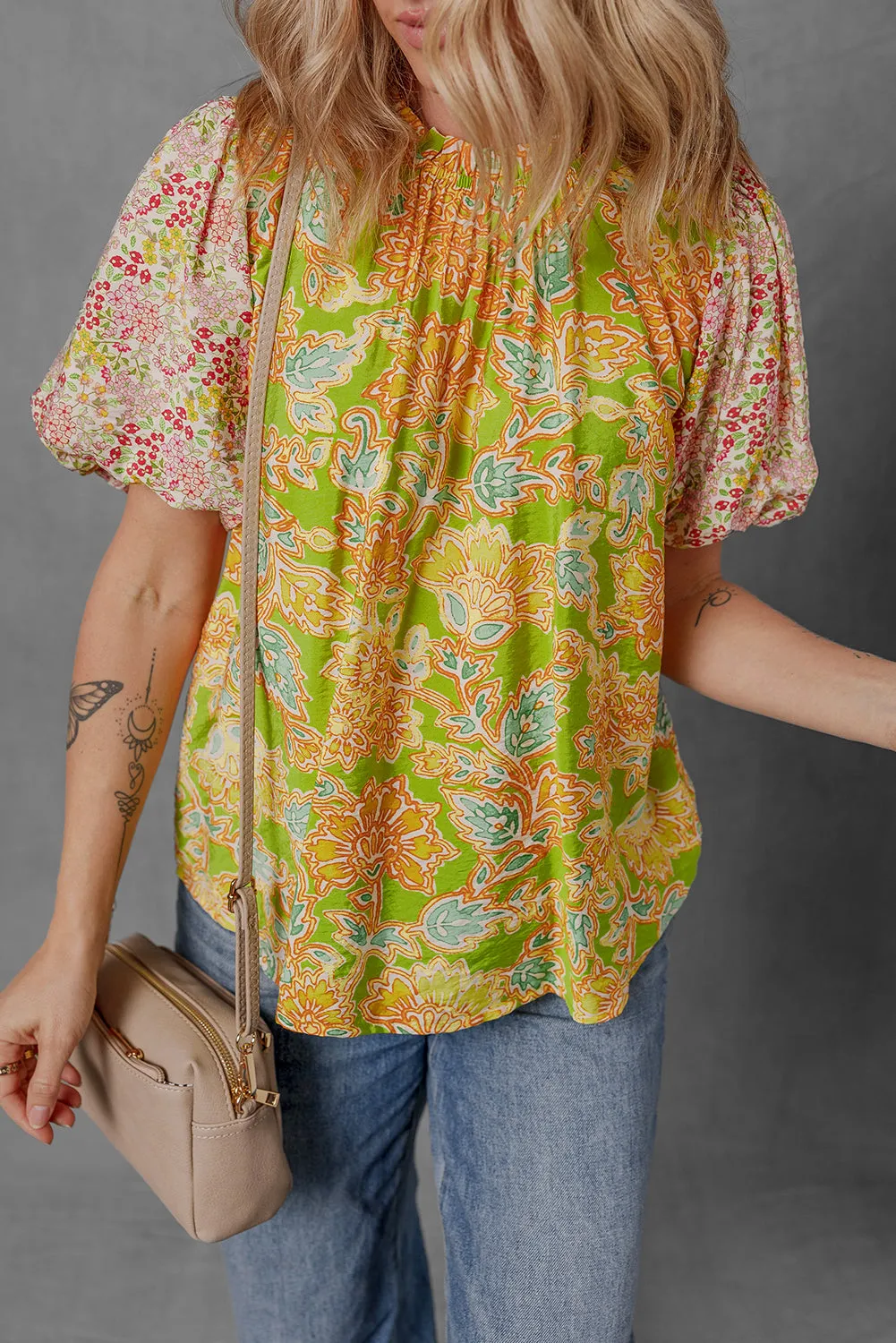 Paisley Print Contrast Bubble Sleeve Patchwork Blouse sold by Beagle Boutique product image thumbnail 3