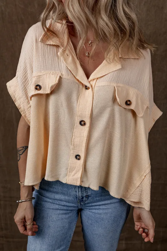 Beige Waffle Short Batwing Sleeve Flap Detail Wide Shirt sold by Beagle Boutique