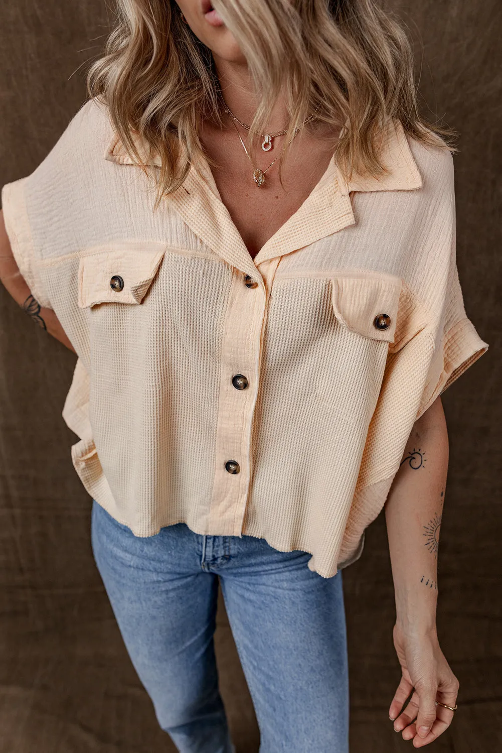 Beige Waffle Short Batwing Sleeve Flap Detail Wide Shirt sold by Beagle Boutique product image thumbnail 3
