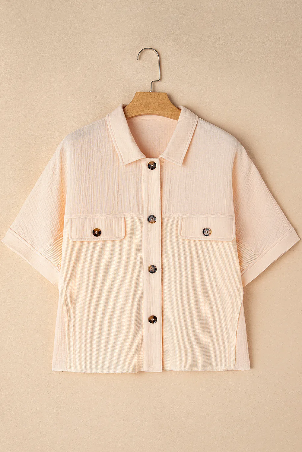 Beige Waffle Short Batwing Sleeve Flap Detail Wide Shirt sold by Beagle Boutique product image thumbnail 4
