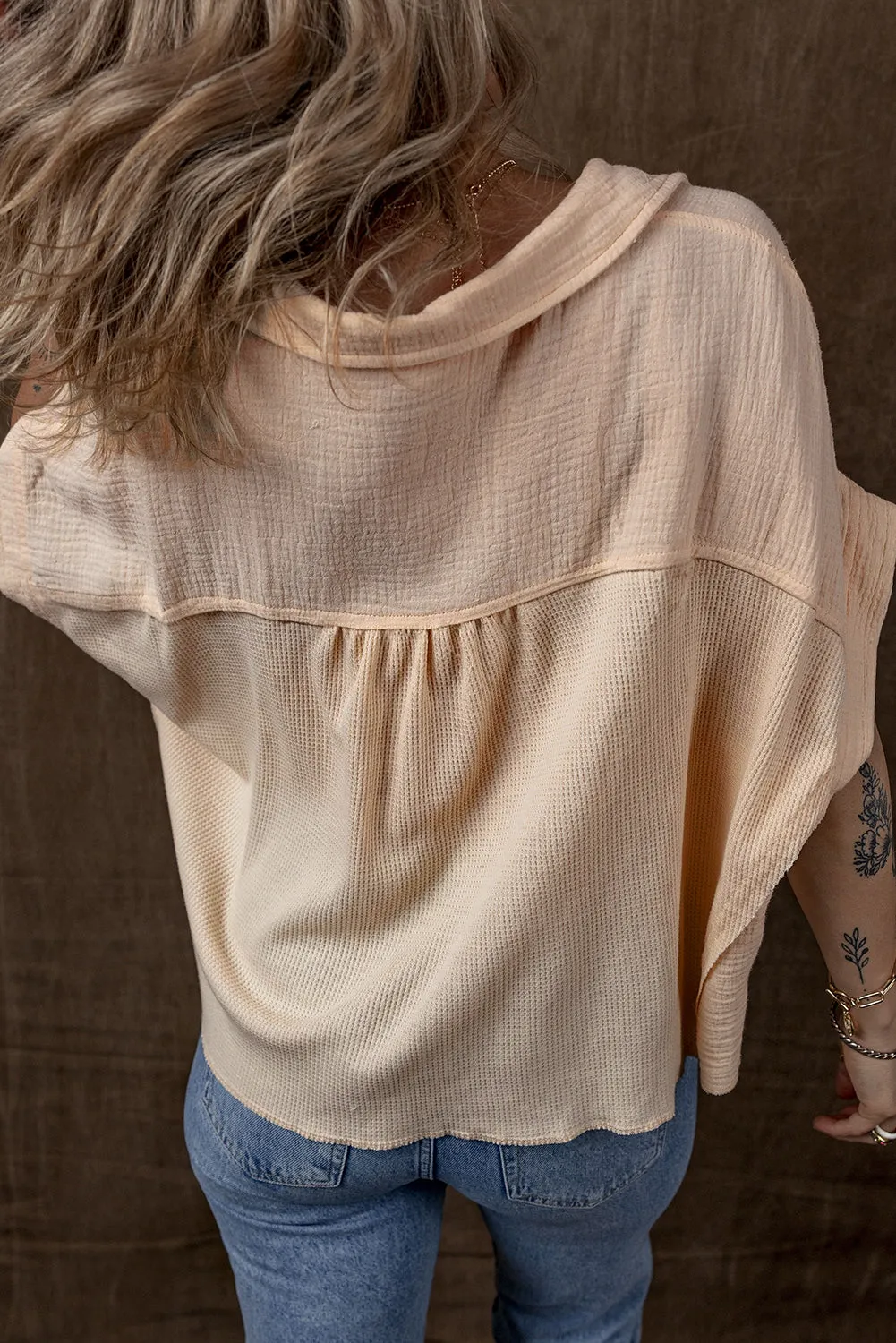Beige Waffle Short Batwing Sleeve Flap Detail Wide Shirt sold by Beagle Boutique product image thumbnail 2