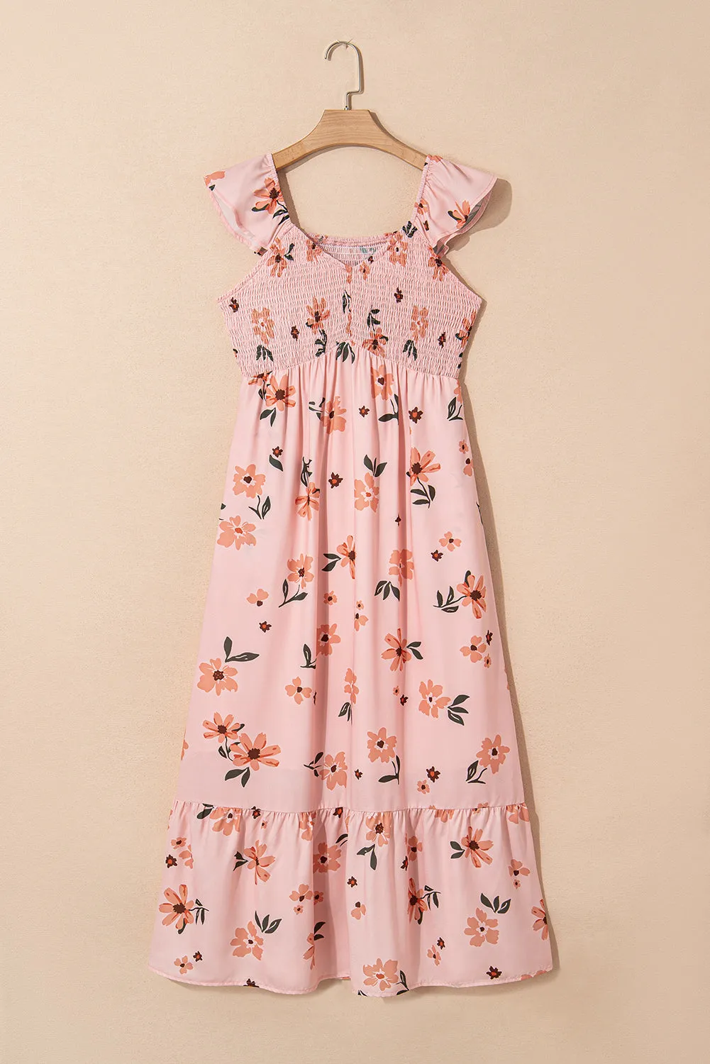 Pink Floral V Neck Smocked Ruffle Hem Maxi Dress sold by Beagle Boutique product image thumbnail 3