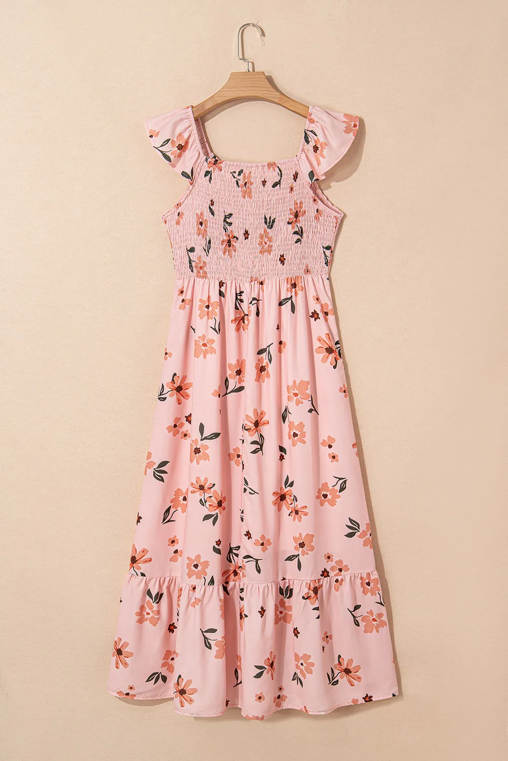 Pink Floral V Neck Smocked Ruffle Hem Maxi Dress sold by Beagle Boutique product image thumbnail 4