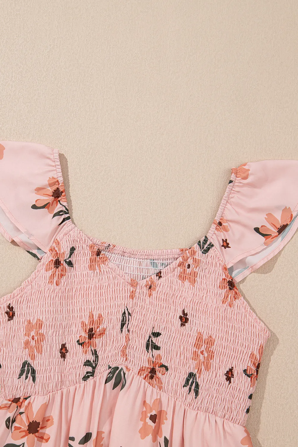 Pink Floral V Neck Smocked Ruffle Hem Maxi Dress sold by Beagle Boutique product image thumbnail 5