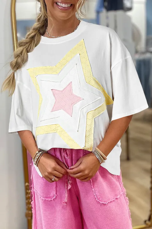 White Star Layered Patched Graphic Drop Shoulder Half Sleeve Loose Tee sold by Beagle Boutique