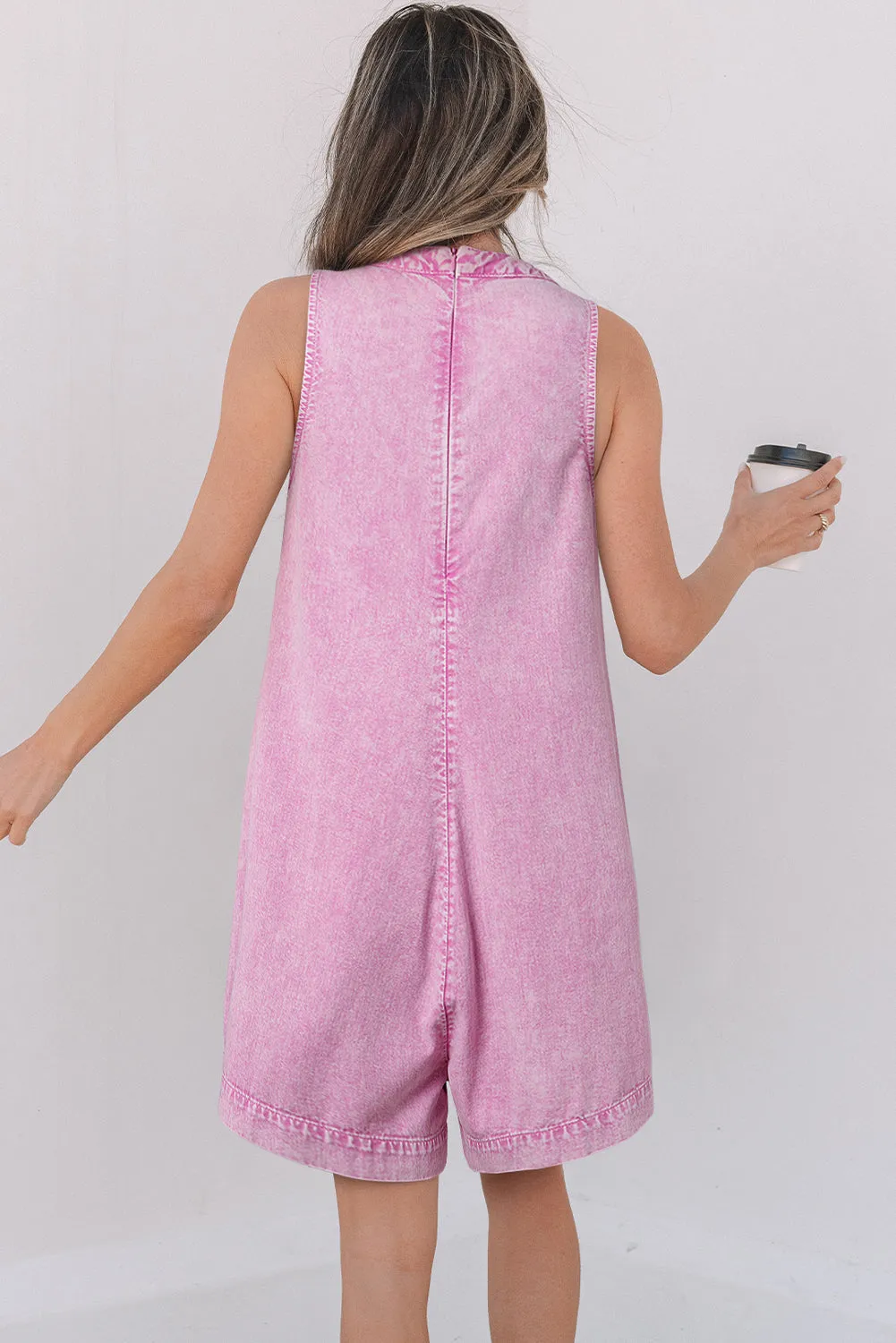 Mineral Wash Pleated Bust V Neck Sleeveless Denim Romper sold by Beagle Boutique product image thumbnail 2