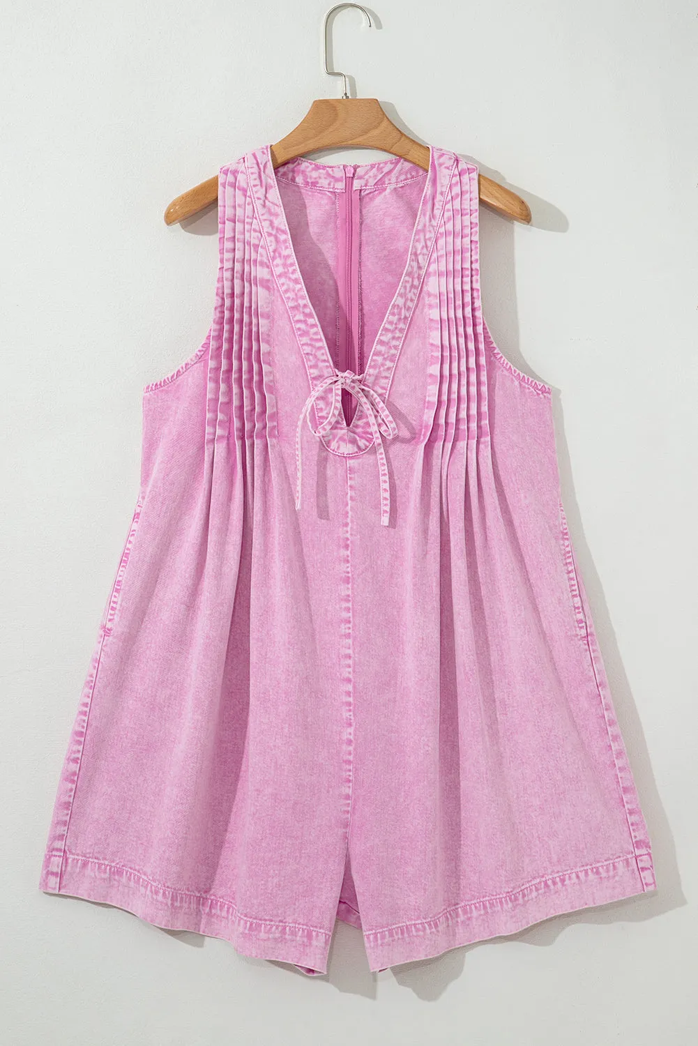 Mineral Wash Pleated Bust V Neck Sleeveless Denim Romper sold by Beagle Boutique product image thumbnail 4