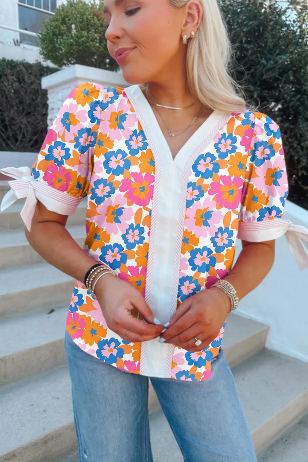 White Floral Striped Edge V Neck Knotted Short Sleeve Blouse sold by Beagle Boutique product image thumbnail 3