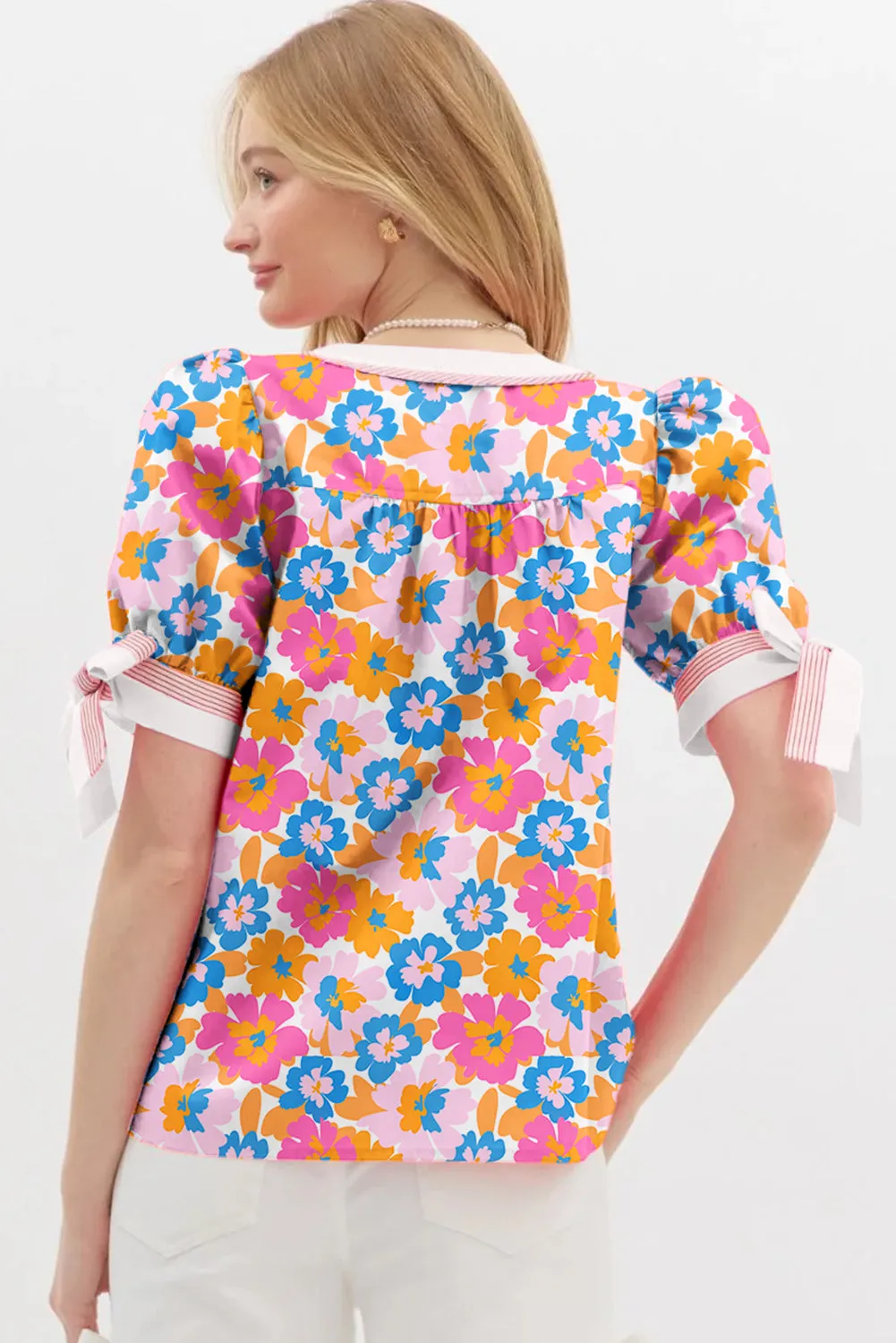 White Floral Striped Edge V Neck Knotted Short Sleeve Blouse sold by Beagle Boutique product image thumbnail 2