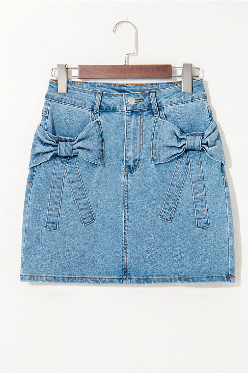 Dusk Blue Acid Wash Bowknot Details High Waist Denim Skirt sold by Beagle Boutique product image thumbnail 5