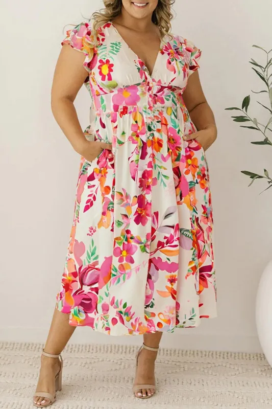 Pink Floral Print V Neck Ruffle Sleeve Plus Size Midi Dress sold by Beagle Boutique