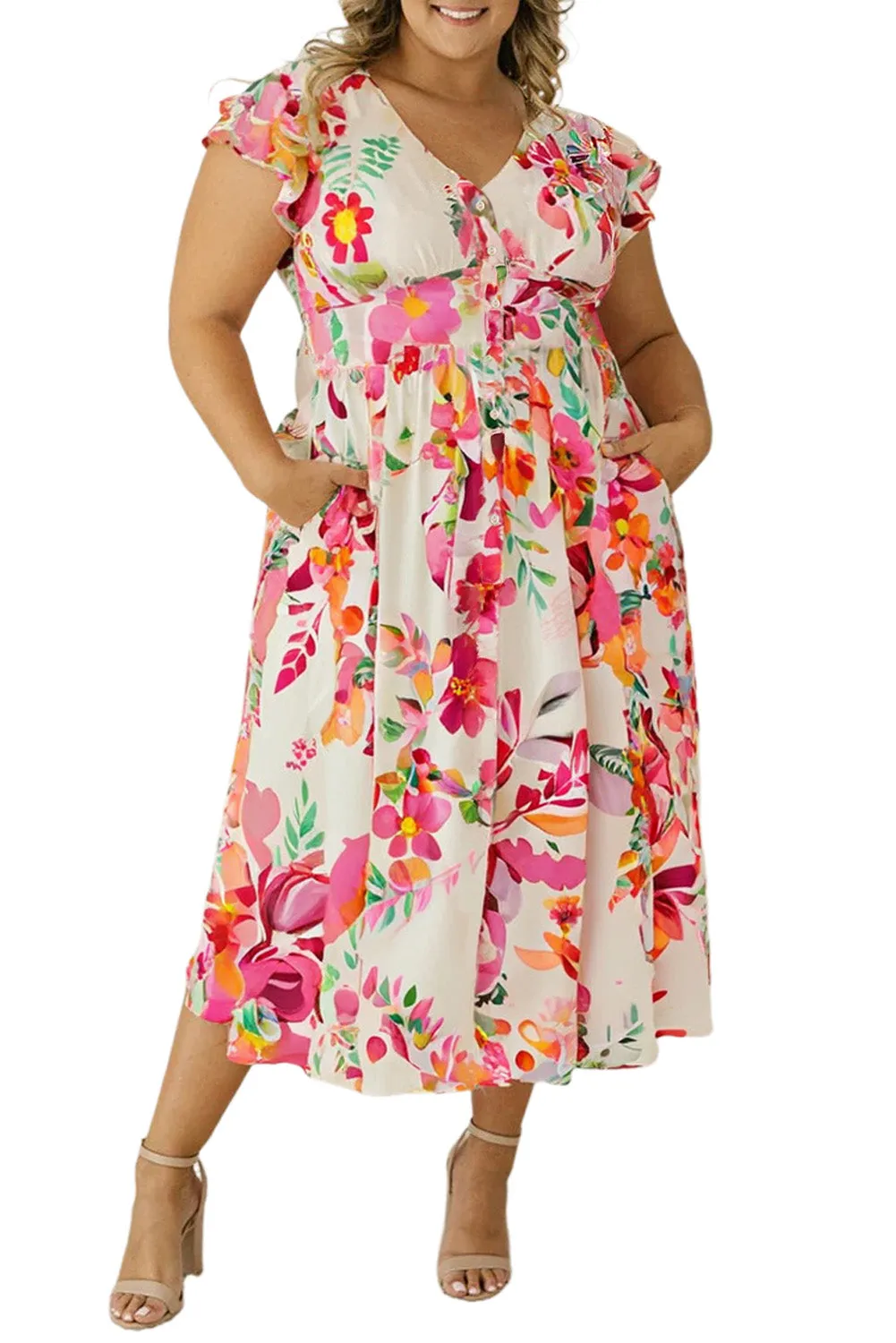 Pink Floral Print V-Neck Ruffle Sleeve Plus Size Midi Dress sold by Beagle Boutique product image thumbnail 2