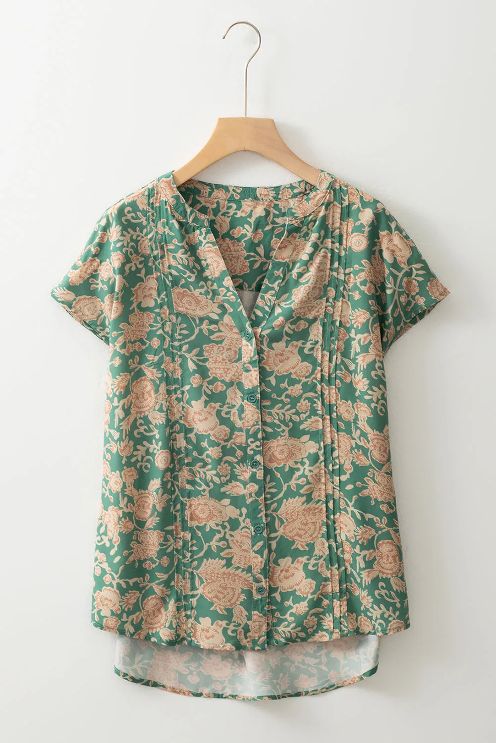 Green Floral Print Pleated Buttoned V Neck Short Sleeve Blouse sold by Beagle Boutique product image thumbnail 3