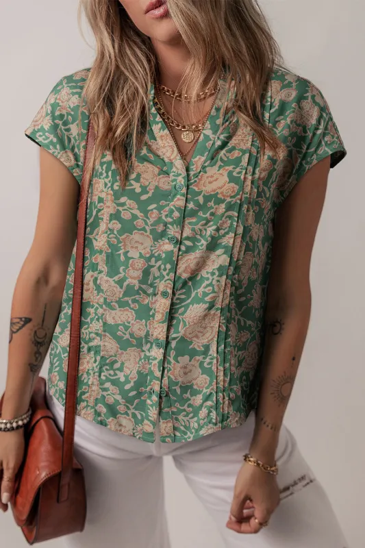 Green Floral Print Pleated Buttoned V Neck Short Sleeve Blouse sold by Beagle Boutique