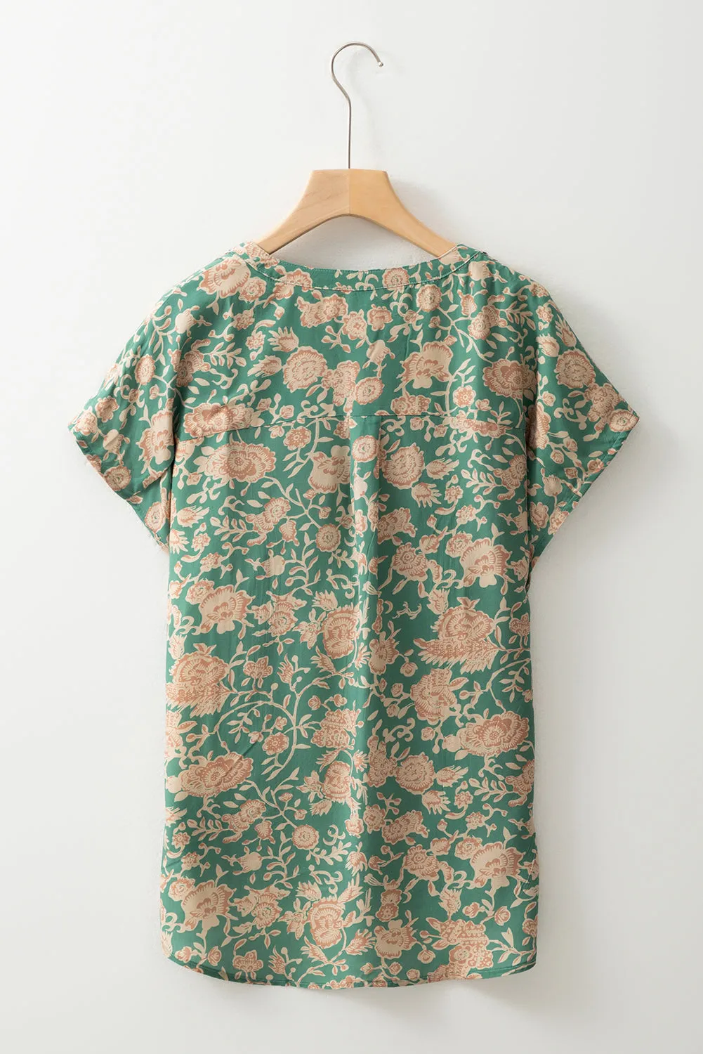 Green Floral Print Pleated Buttoned V Neck Short Sleeve Blouse sold by Beagle Boutique product image thumbnail 4