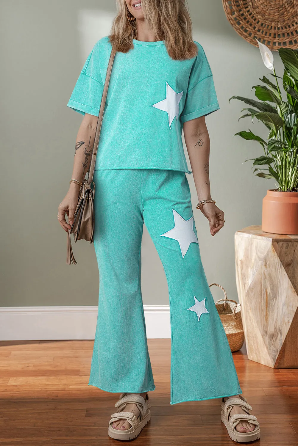 Acid Wash Star Patched Rolled Trim Trousers Co-ord Set sold by Beagle Boutique