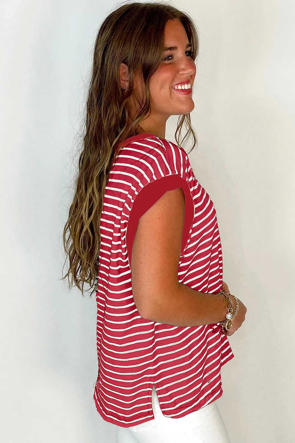 Red Stripe Chest Pocket Patch Round Neck Tank Top sold by Beagle Boutique product image thumbnail 2