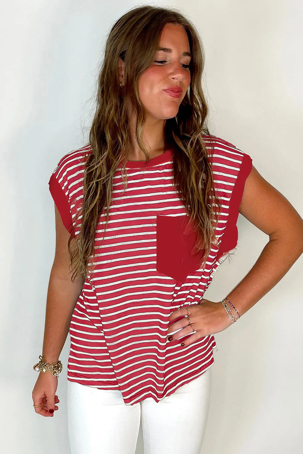 Red Stripe Chest Pocket Patch Round Neck Tank Top sold by Beagle Boutique product image thumbnail 3