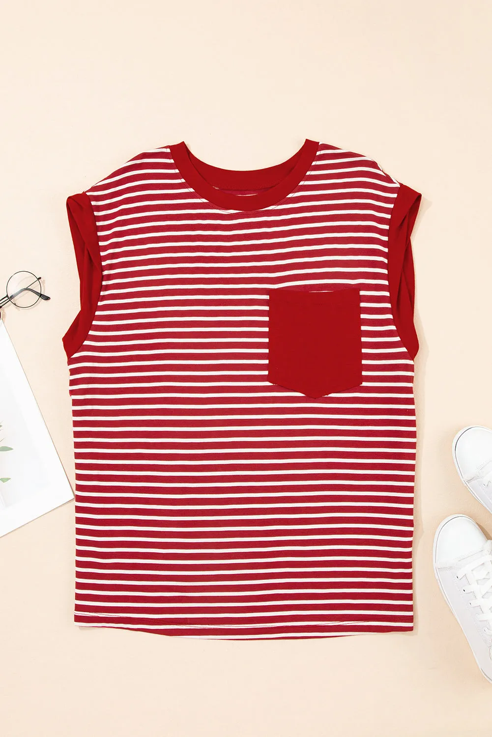 Red Stripe Chest Pocket Patch Round Neck Tank Top sold by Beagle Boutique product image thumbnail 5