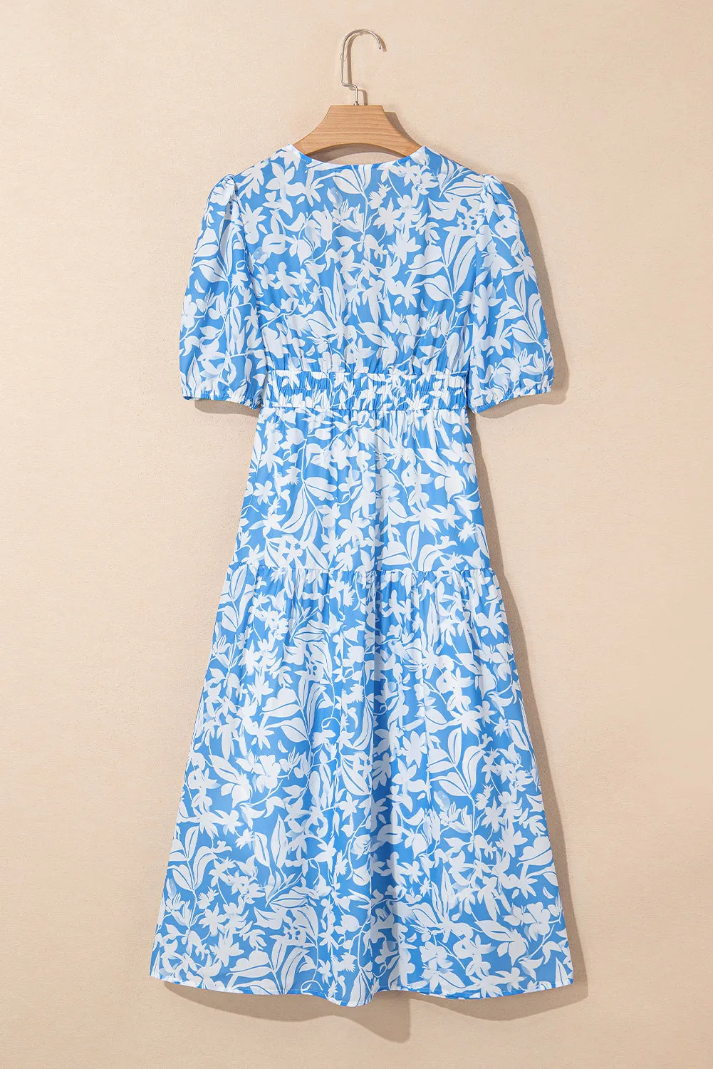 Sky Blue Floral V Neck Puff Short Sleeve Flowy Long Dress sold by Beagle Boutique product image thumbnail 5