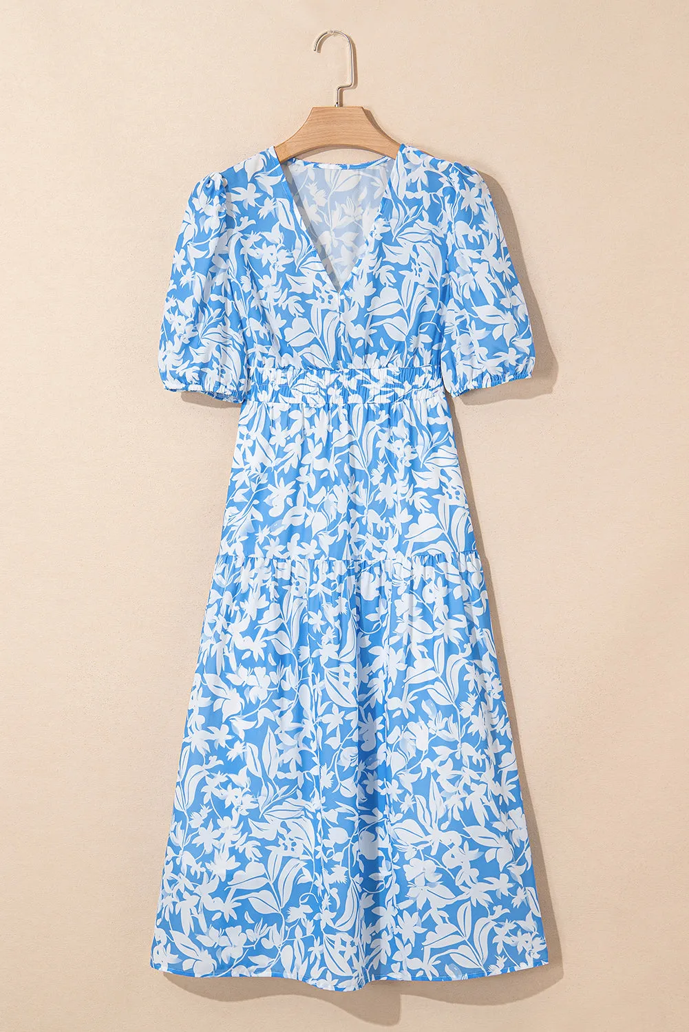 Sky Blue Floral V Neck Puff Short Sleeve Flowy Long Dress sold by Beagle Boutique product image thumbnail 4