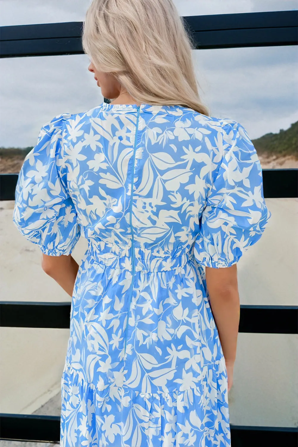 Sky Blue Floral V Neck Puff Short Sleeve Flowy Long Dress sold by Beagle Boutique product image thumbnail 2