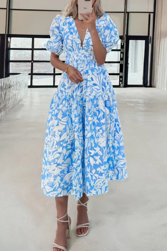 Sky Blue Floral V Neck Puff Short Sleeve Flowy Long Dress sold by Beagle Boutique