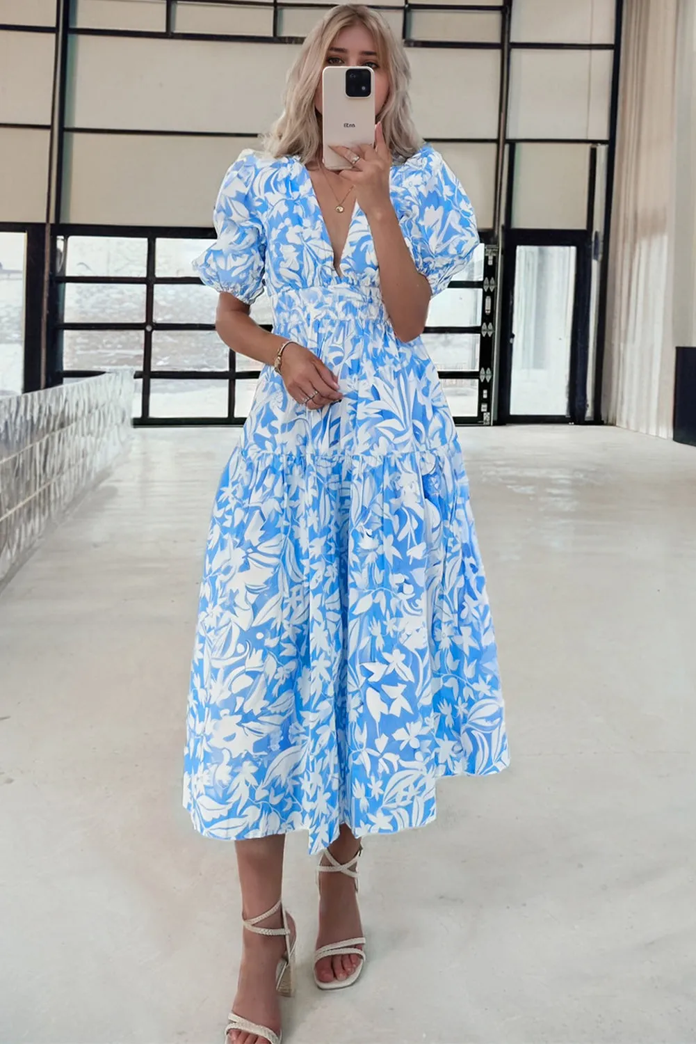 Sky Blue Floral V Neck Puff Short Sleeve Flowy Long Dress sold by Beagle Boutique product image thumbnail 3