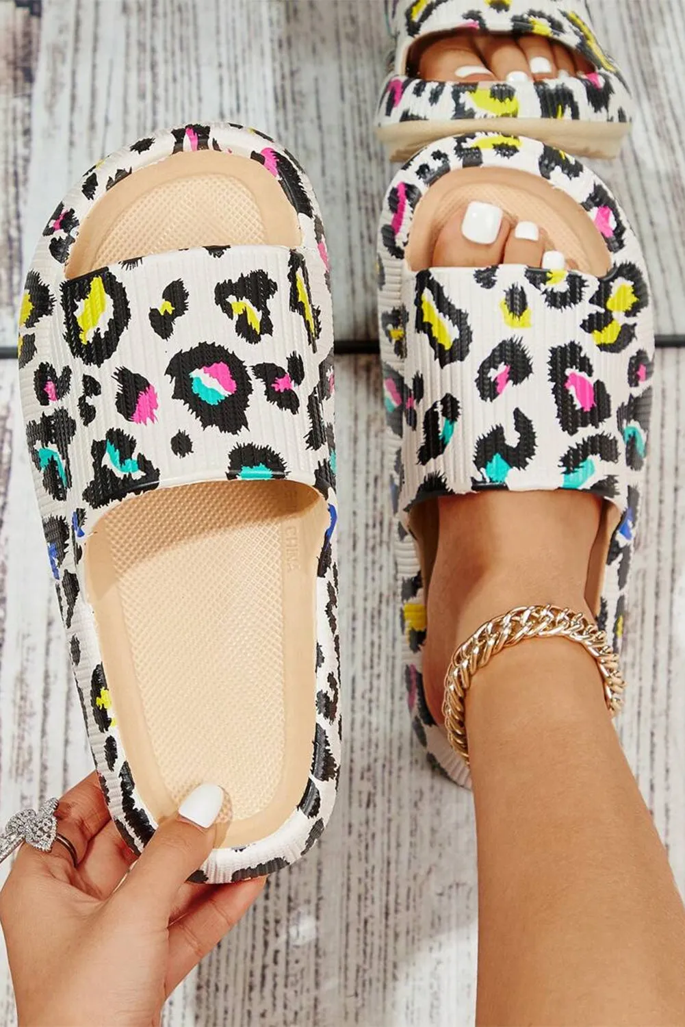White Leopard Print Open Toe Thick Sole Sandals sold by Beagle Boutique
