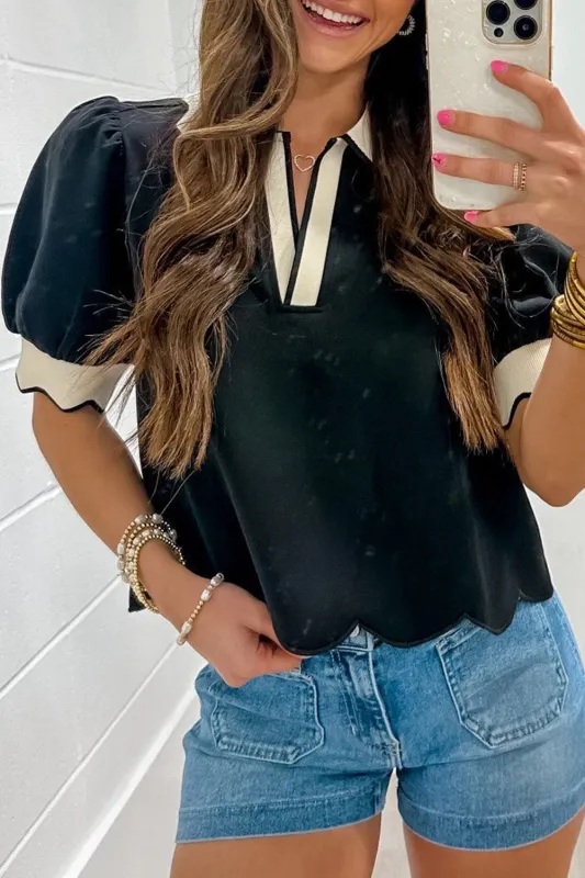 Black Contrast Collared V Neck Puff Sleeve Blouse sold by Beagle Boutique