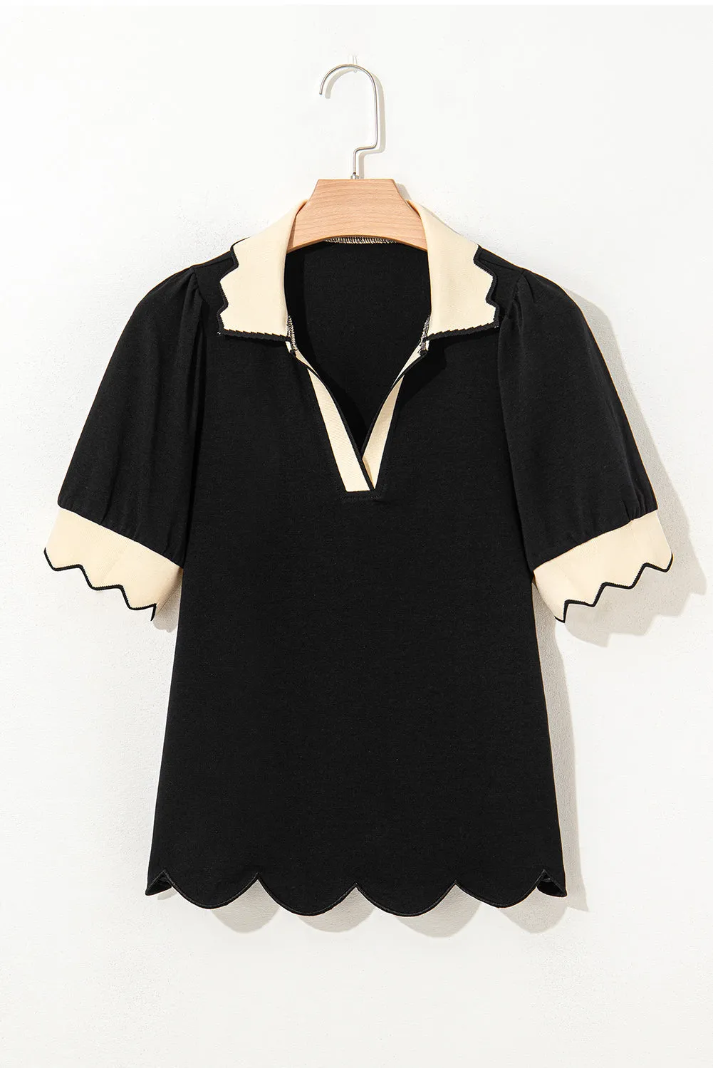 Black Contrast Collared V Neck Puff Sleeve Blouse sold by Beagle Boutique product image thumbnail 4