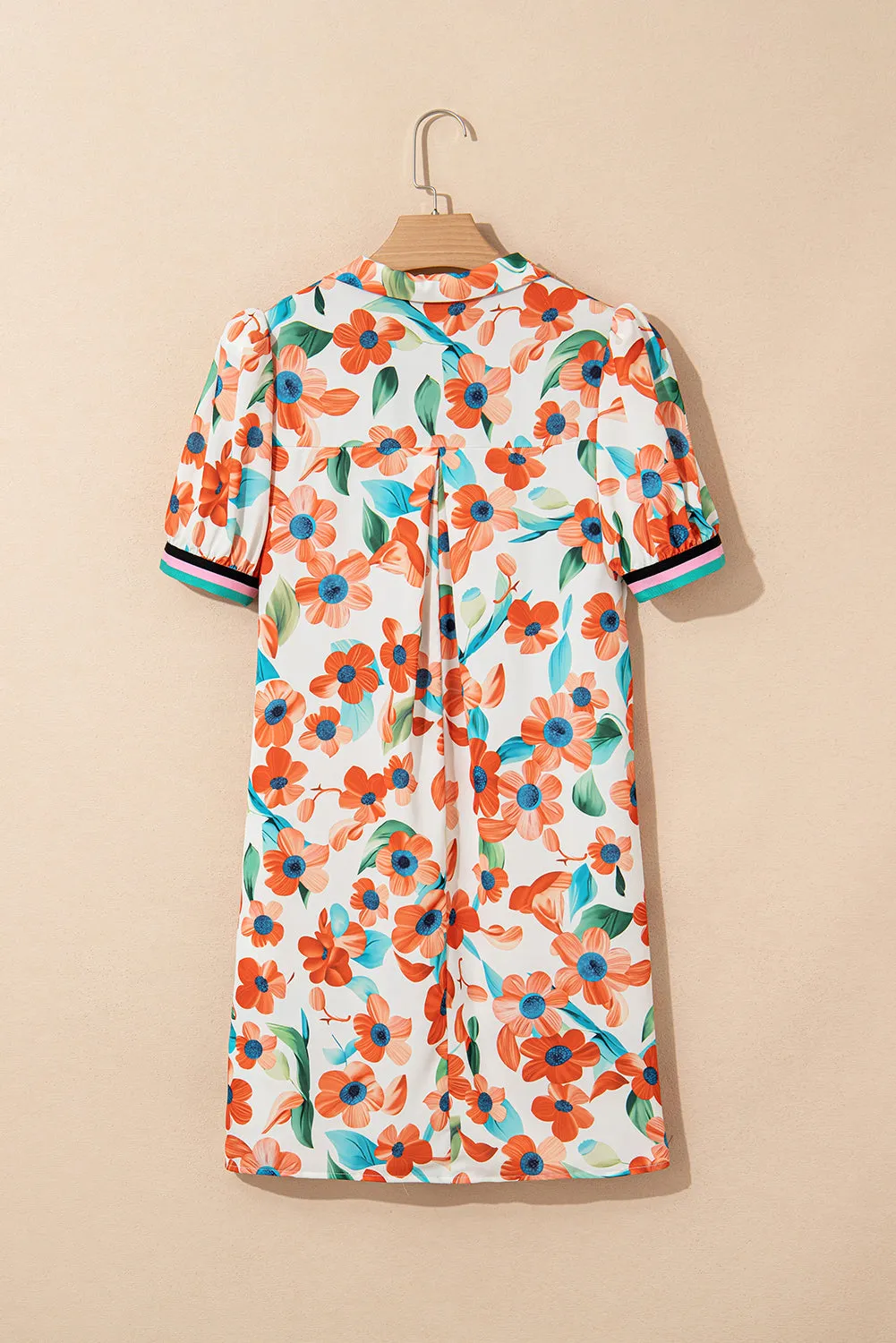 Contrast Trim Floral Split Neck Puff Short Sleeve Tiered Mini Dress sold by Beagle Boutique product image thumbnail 4